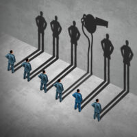 Men lined up with shadow, one displays shadow of whistle as the whistleblower agent Men lined up with shadow, one displays shadow of whistle as the whistleblower agent
