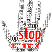 Stop discrimination word cloud in the shape of a palm