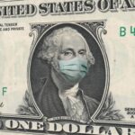 COVID-19 coronavirus in USA, ONE Dollar money bill with George Washington wearing healthcare surgical mask. Coronavirus in United States quarantine and global recession. Global economy hit by Covid19.
