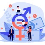 Employees gender salary equality. Business people with laptop working at cash and equal sign. Vector illustration for social respect, discrimination, diversity concept