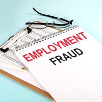 EMPLOYMENT FRAUD text on a notepad on clipboard with chart on blue background, concept closeup. Business and finance concept EMPLOYMENT FRAUD text on a notepad on clipboard with chart on blue background, concept closeup. Business and finance concept