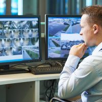 Video surveillance system. Security guard man monitoring objects. Video surveillance system. Security guard man monitoring objects.