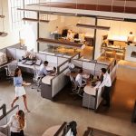 Elevated view of a busy open plan office