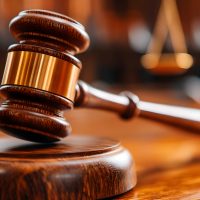 Wooden gavel on a table in a courtroom