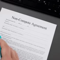 A person holding a pen reviews a non-compete agreement on a desk with a keyboard nearby. The setting is professional, suggesting a business context.