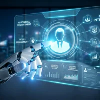 Robotic hand interacting with an AI recruitment dashboard for automated talent intelligence and hiring